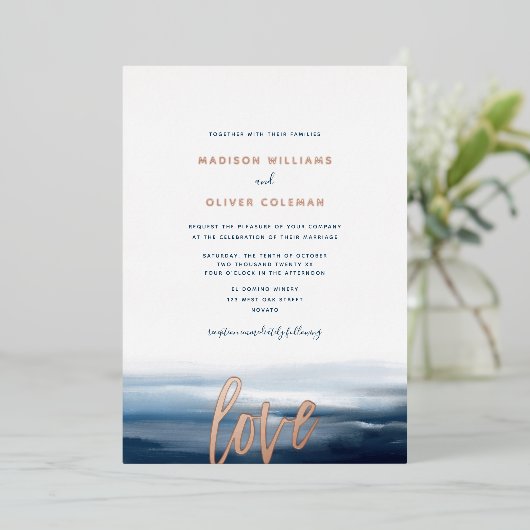 Moderne strand Ocean Theme Wedding Folie Uitnodiging (Staand Voorkant)