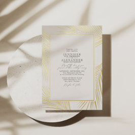 Moderne Strand Palm Bruiloft Ivoor Goud Folie Uitnodiging