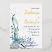 Moderne strand Waterverf Blue Shells Weddenschap G Folie Uitnodiging (Voorkant)