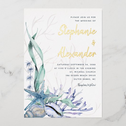 Moderne strand Waterverf Blue Shells Weddenschap G Folie Uitnodiging (Voorkant)