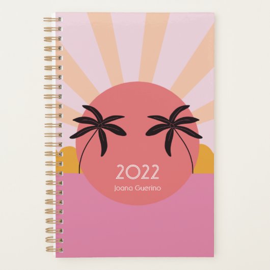 Moderne strand zonsopgang palmboom roze 2023 planner (Voorkant)