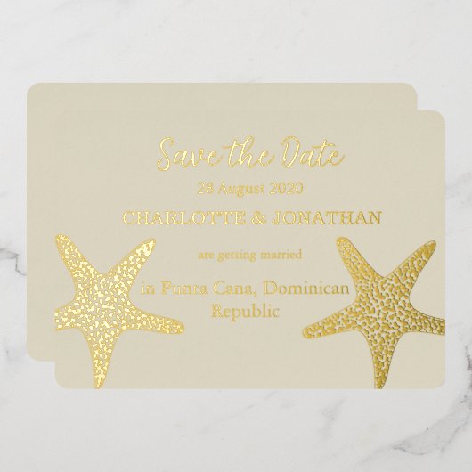 Moderne Strandbruiloft met Stervis Goud Folie Uitnodiging (Voorkant / Achterkant)