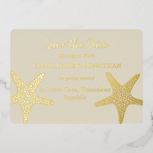 Moderne Strandbruiloft met Zeester Goud Folie Uitnodiging (Voorkant)