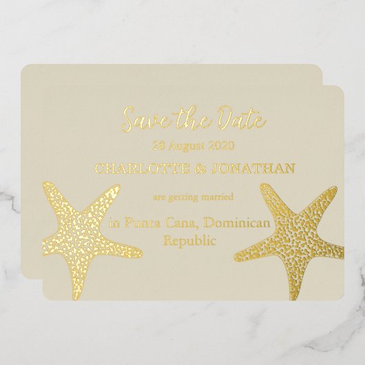 Moderne Strandbruiloft met Zeester Goud Folie Uitnodiging (Voorkant / Achterkant)