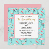Moderne strandbruiloft roze blauwe flamingo save the date (Voorkant / Achterkant)
