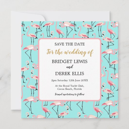 Moderne strandbruiloft roze blauwe flamingo save the date (Voorkant)