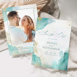 Moderne strandbruiloft Teal Goud Abstracte foto Save The Date