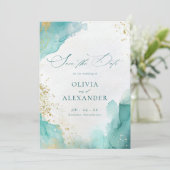 Moderne strandbruiloft Teal Goud Abstracte foto Save The Date (Staand voorkant)