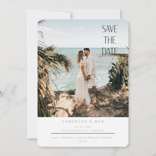 Moderne strandfoto afgeronde save the date (Voorkant)