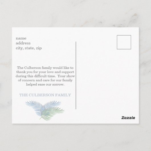 Moderne strandpalm verlaat begrafenis briefkaart (Achterkant)