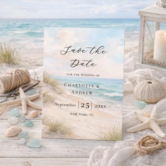 Moderne strandtrouw save the date