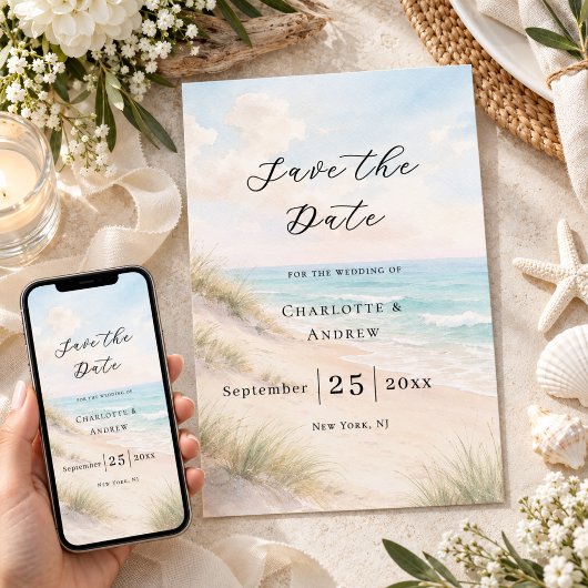 Moderne strandtrouw save the date