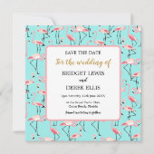 Moderne strandtrouwdag roze blauwe flamingo save the date (Voorkant)