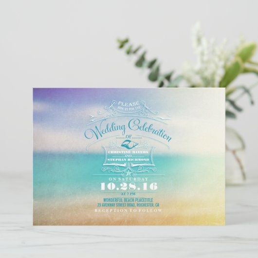 Moderne stranduitnodiging - tropisch blauw zee kaart (Staand voorkant)