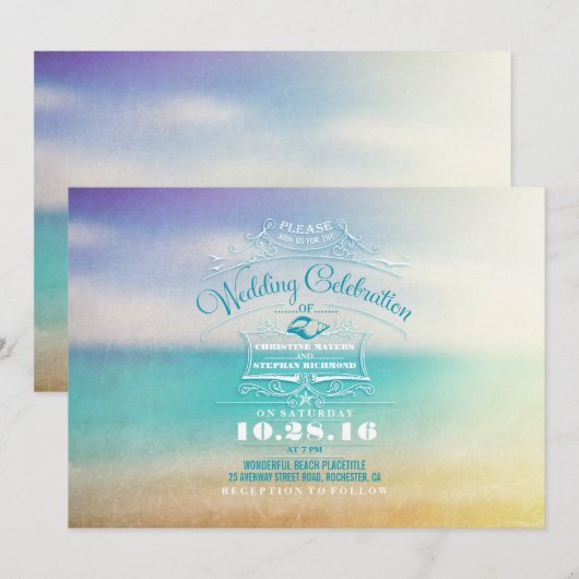 Moderne stranduitnodiging - tropisch blauw zee kaart (Voorkant / Achterkant)