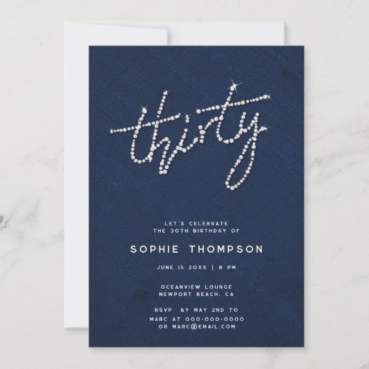 Moderne Strass Navy Blue Glam 30th Bday Soiree Kaart (Voorkant)