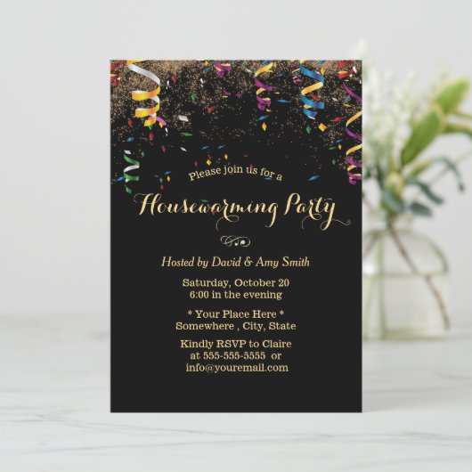 Moderne Streamers & Confetti Housewarming Party Kaart (Staand voorkant)