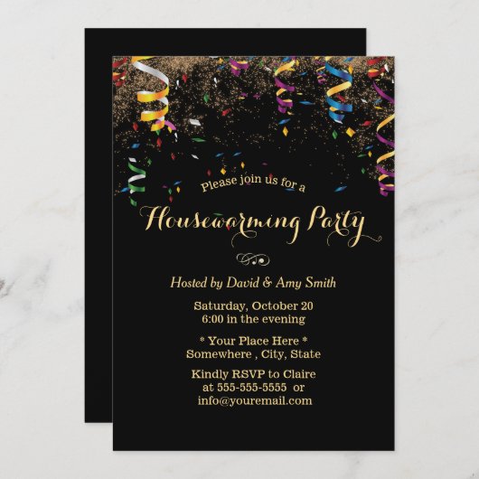 Moderne Streamers & Confetti Housewarming Party Kaart (Voorkant / Achterkant)