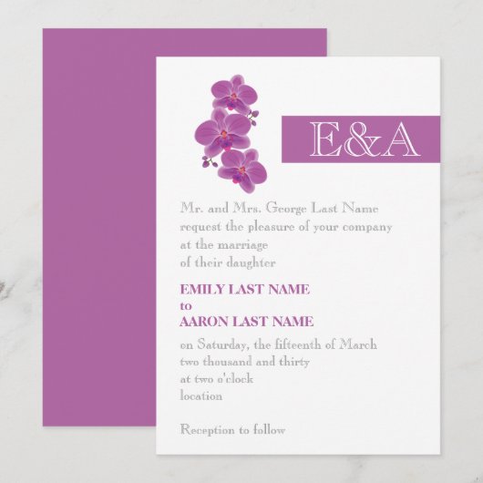 Moderne streep en stralende orchidee paarse bruilo kaart (Voorkant / Achterkant)