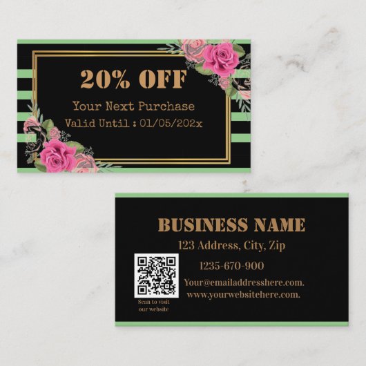 Moderne Strepen Bloem QR Code Kortingkaart Kortingskaartje (Voorkant / Achterkant)