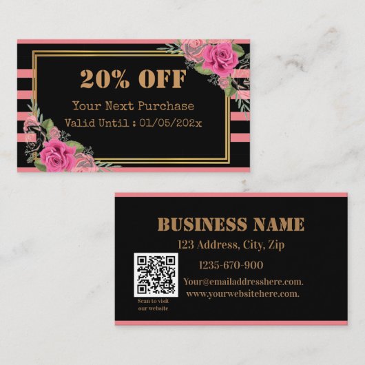 Moderne Strepen Bloemencode QR-code Kortingkaart Kortingskaartje (Voorkant / Achterkant)