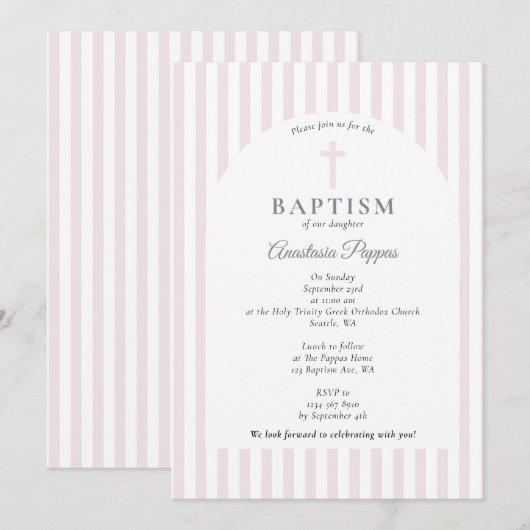 Moderne strepen doopsel doop blush roze meisje kaart (Voorkant / Achterkant)