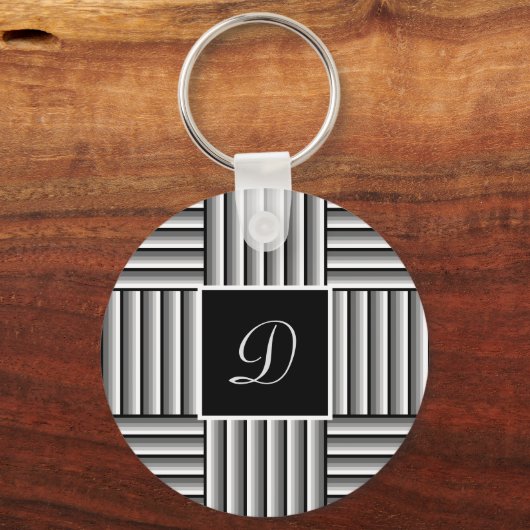 Moderne strepen in zwart, wit en grijs - Monogram Sleutelhanger (Voorkant)