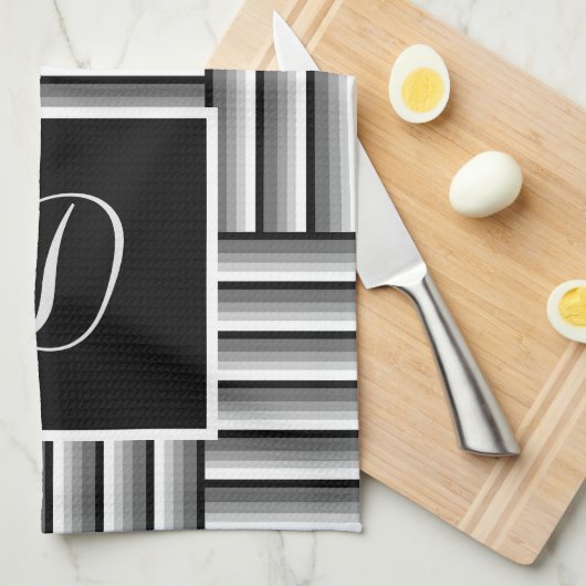 Moderne strepen in zwart, wit en grijs - Monogram Theedoek (Quarter Fold)