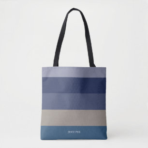 Moderne strepen met monogram tinten blauw tote bag