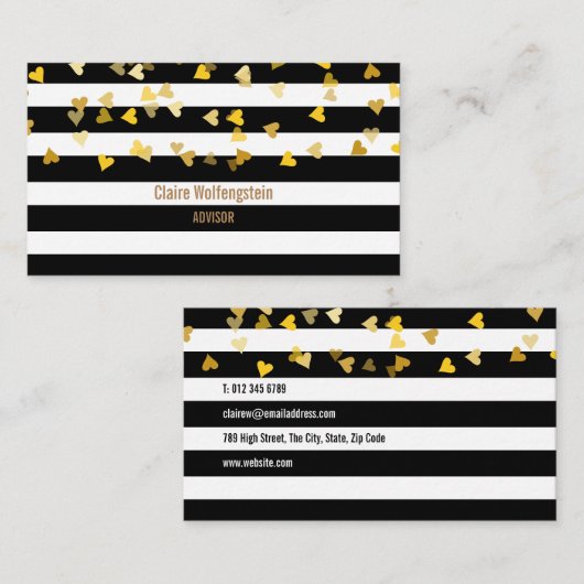 Moderne Strepen met Verspreide Gouden Harten Visitekaartje (Voorkant / Achterkant)