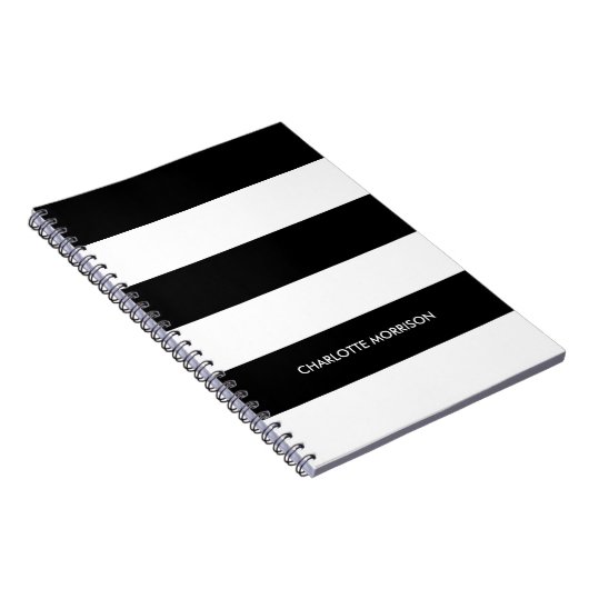 Moderne strepen naam monogram zwart-wit notitieboek (Rechterzijde)