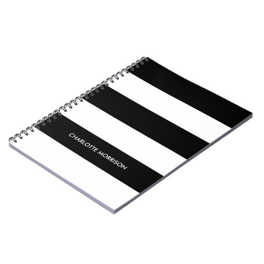Moderne strepen naam monogram zwart-wit notitieboek (Linkerzijde)