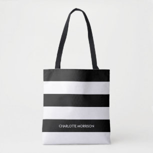 Moderne strepen naam monogram zwart-wit tote bag