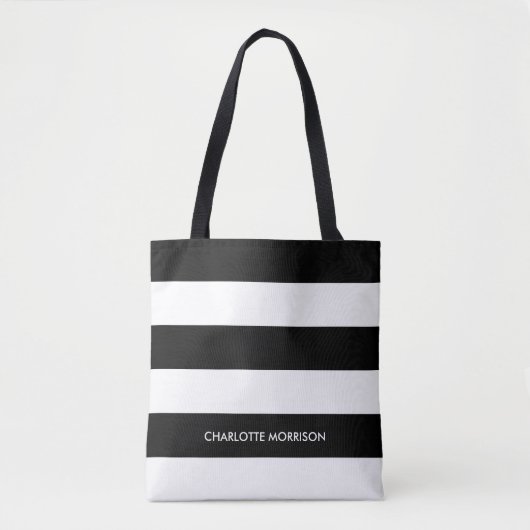 Moderne strepen naam monogram zwart-wit tote bag (Voorkant)