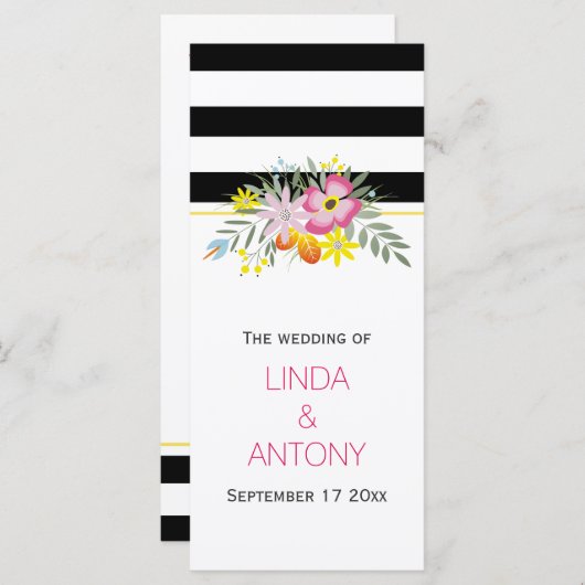 Moderne strepen roze bloemen bruiloft programma programmakaart (Voorkant / Achterkant)