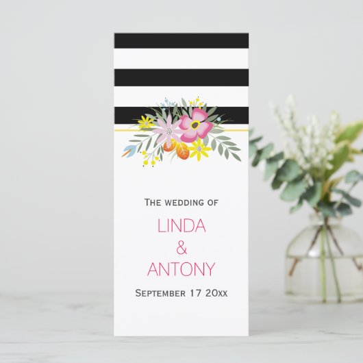 Moderne strepen roze bloemen bruiloft programma programmakaart (Staand voorkant)