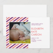 Moderne strepen roze paarse geboorteaankondiging aankondiging (Voorkant / Achterkant)