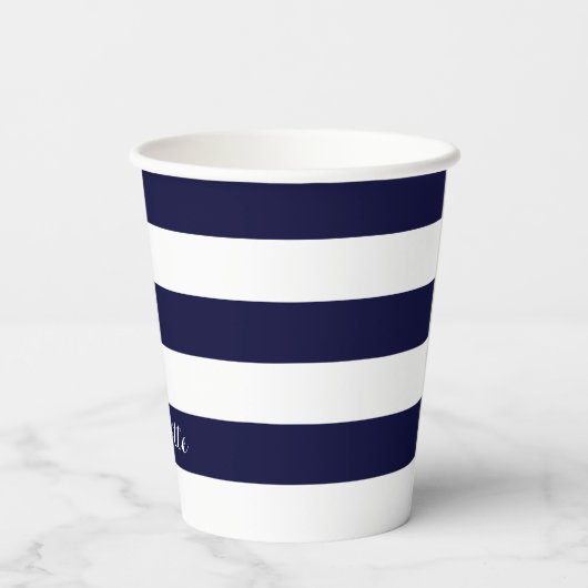 Moderne strepen script naam navy blauw wit chic papieren bekers (Achterkant)