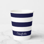 Moderne strepen script naam navy blauw wit chic papieren bekers (Links)