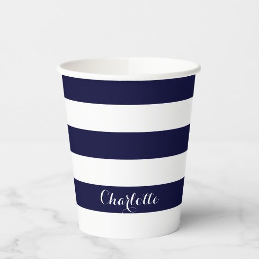 Moderne strepen script naam navy blauw wit chic papieren bekers (Links)