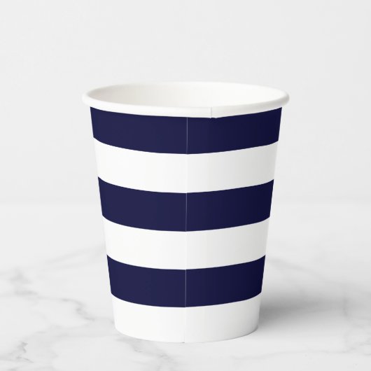 Moderne strepen script naam navy blauw wit chic papieren bekers (Rechts)