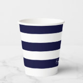 Moderne strepen script naam navy blauw wit chic papieren bekers (Voorkant)