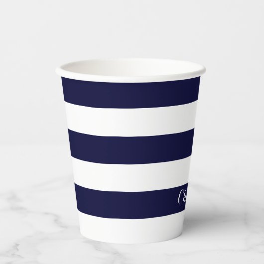 Moderne strepen script naam navy blauw wit chic papieren bekers (Voorkant)