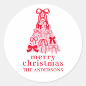 Moderne strik roze rood kerstboom ronde sticker (Voorkant)