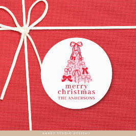 Moderne strik roze rood kerstboom ronde sticker