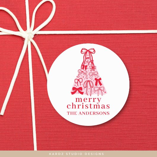 Moderne strik roze rood kerstboom ronde sticker
