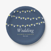 Moderne string lichten, geel en wit huwelijk papieren bordje (Voorkant)