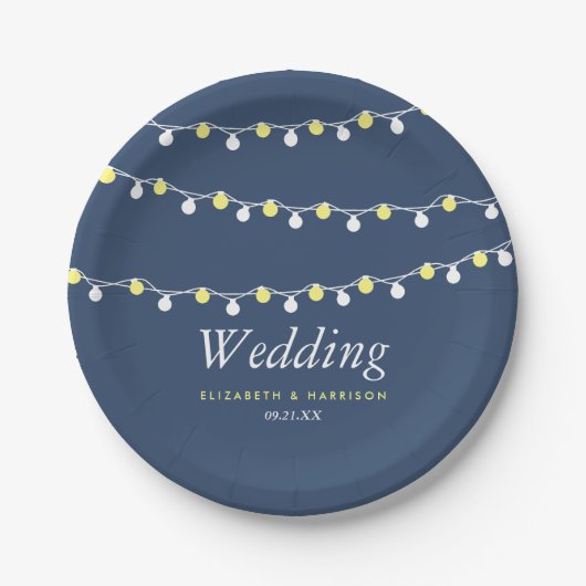 Moderne string lichten, geel en wit huwelijk papieren bordje (Voorkant)