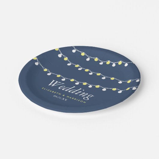 Moderne string lichten, geel en wit huwelijk papieren bordje (Gekanteld)