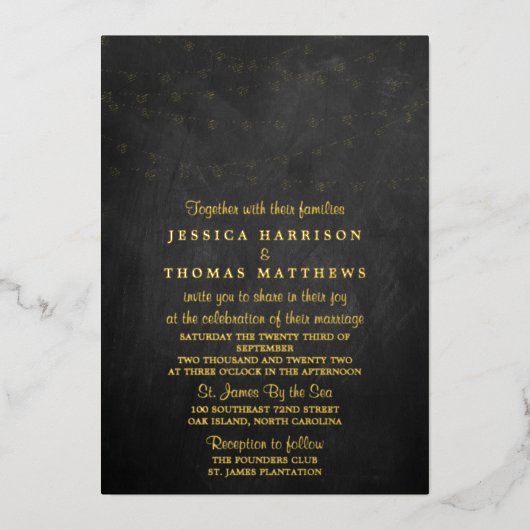 Moderne string lichten op alkboard bruilding echt folie uitnodiging (Voorkant)